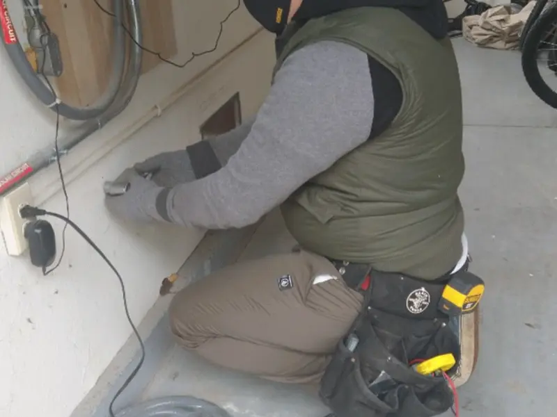Electrician performing outlet wiring in a West Miami garage